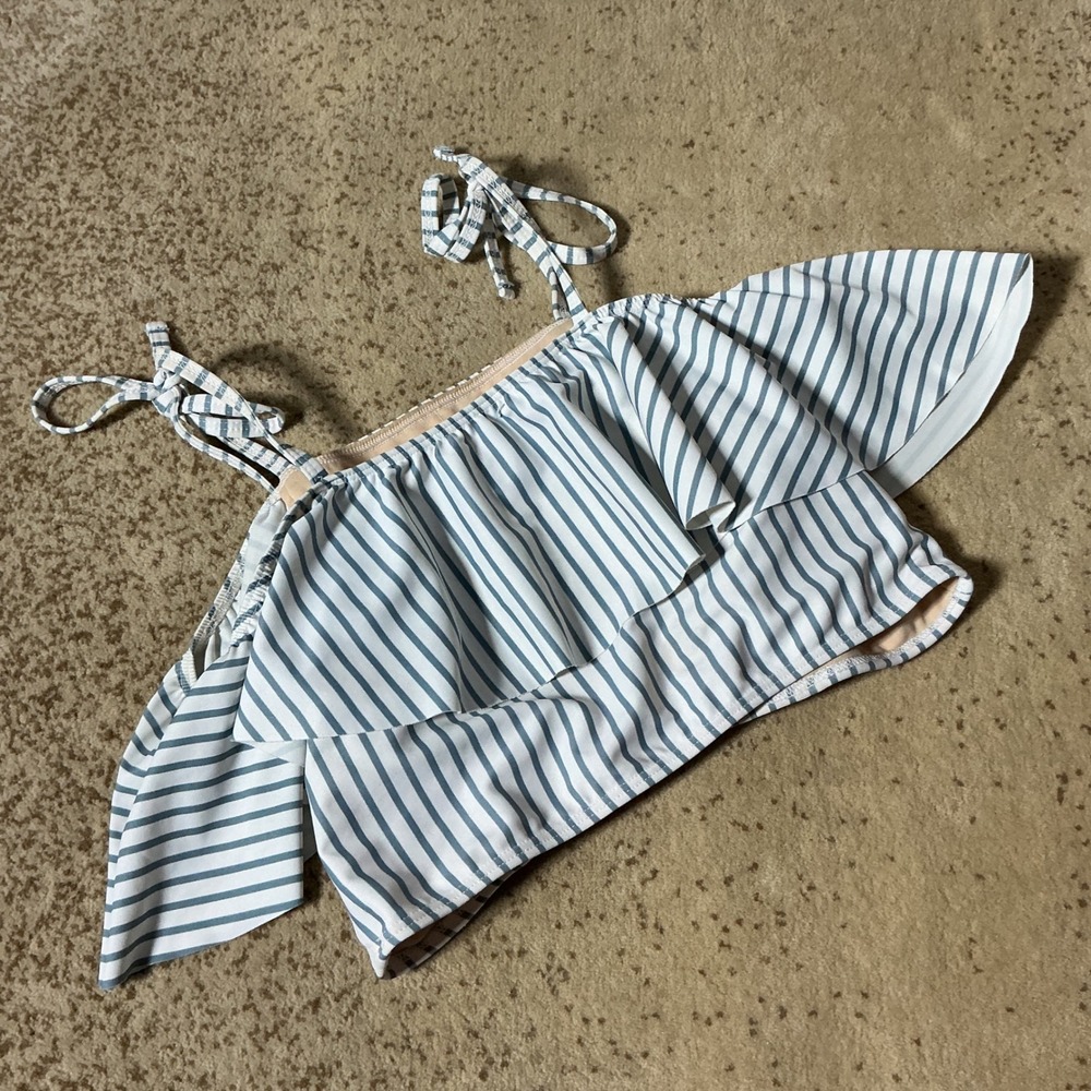 Albion Fit Blue White Striped Ruffle Bikini Top Womens Medium Tie Strap Swim - Picture 6 of 6